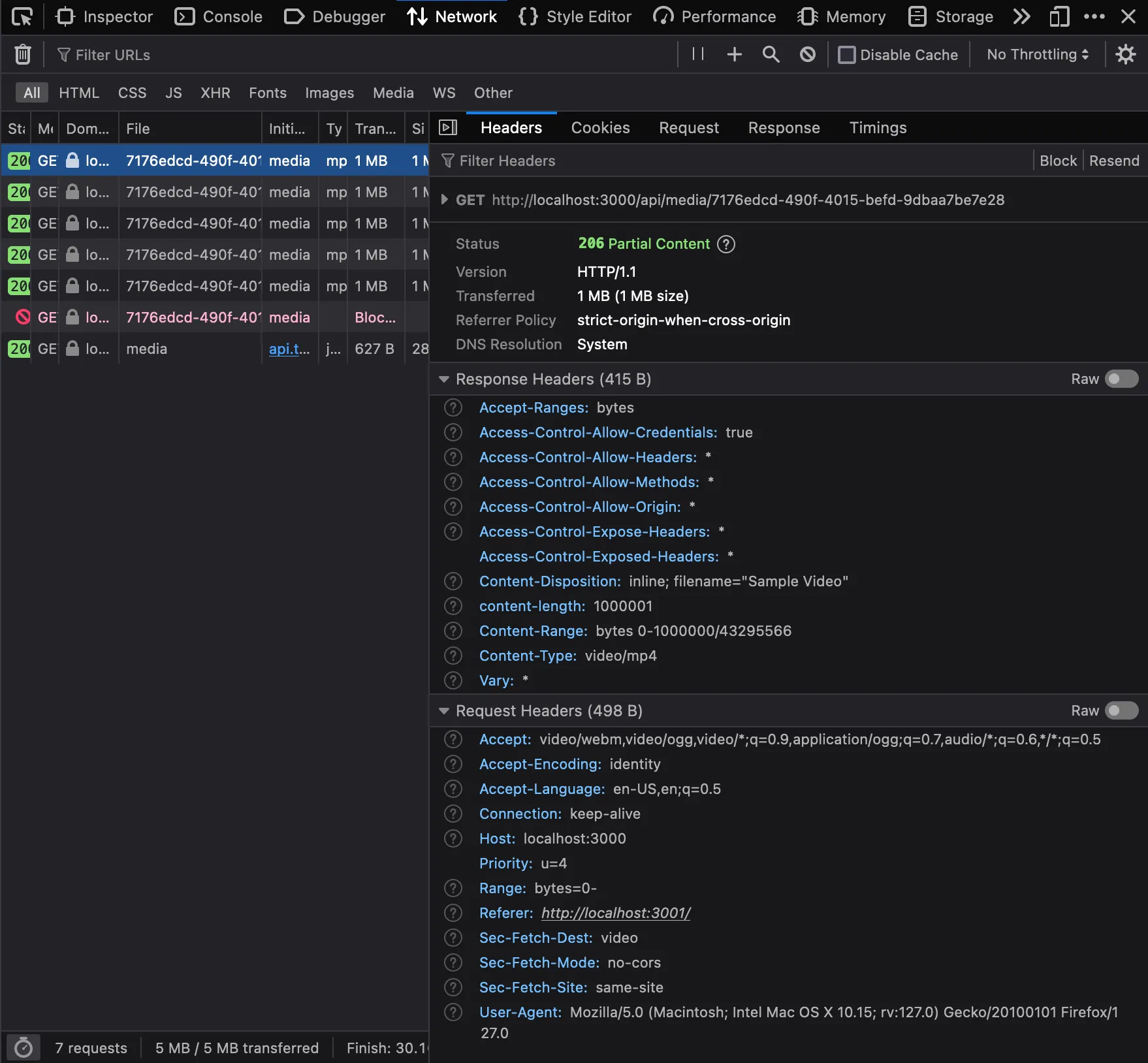 Initial request made by the HTML5 video player